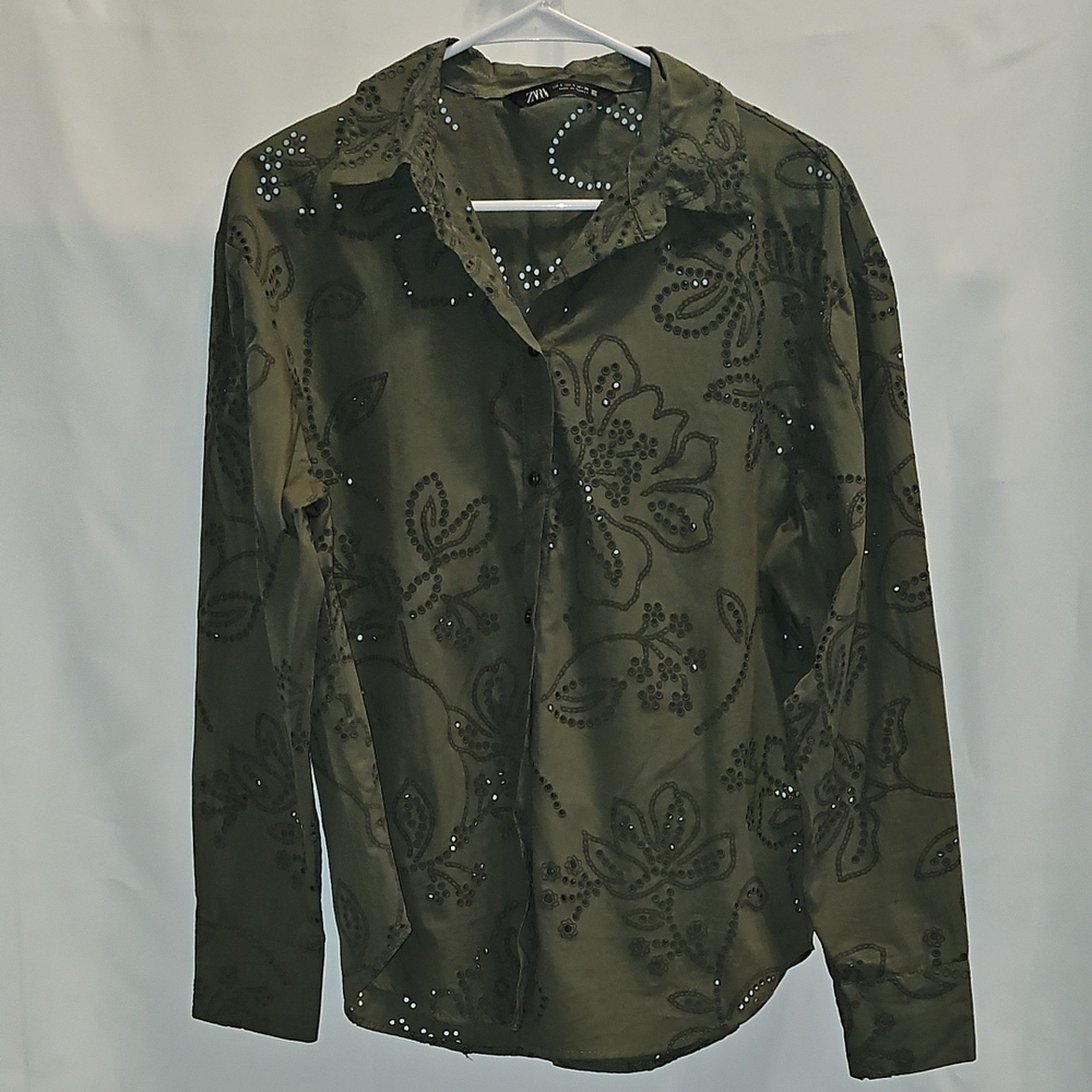 Zara Olive Green Eyelet Detail Shirt